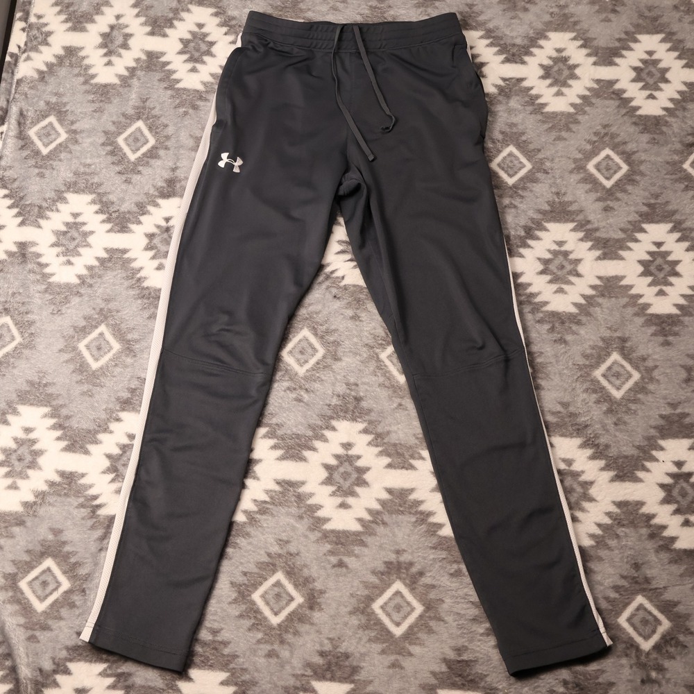 Under Armour Mens Gray Fitted Track Pants White Side Stripe Zipper Hem Medium